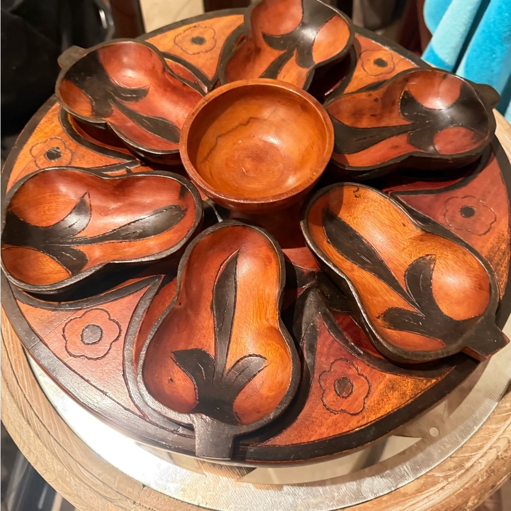 Wooden Serving Set with Floral Design